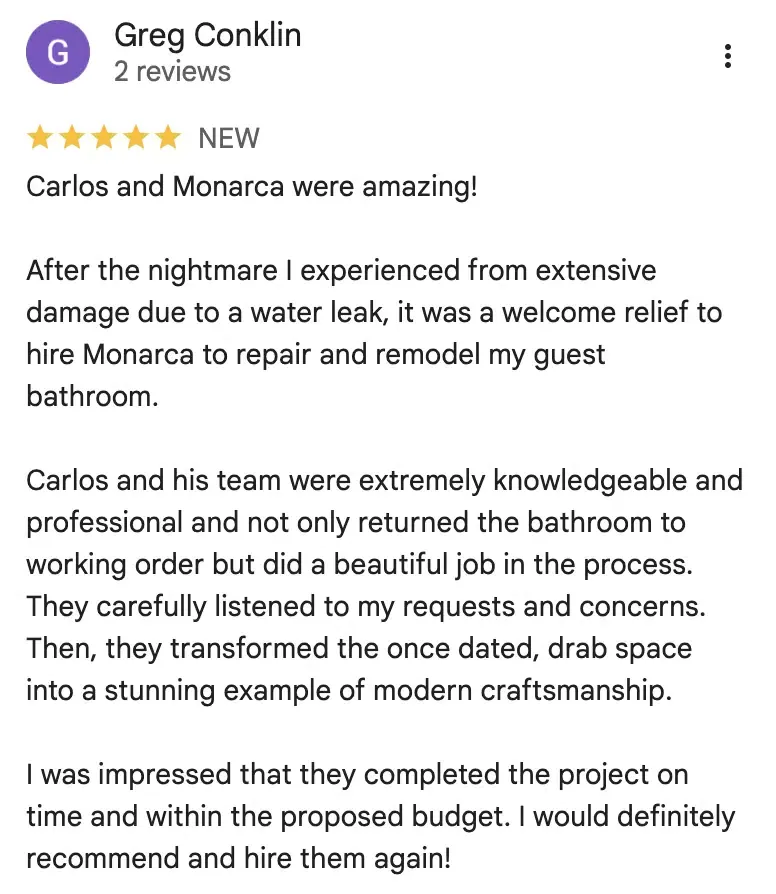 Monarca Construction & Remodeling 5-star Google review 10