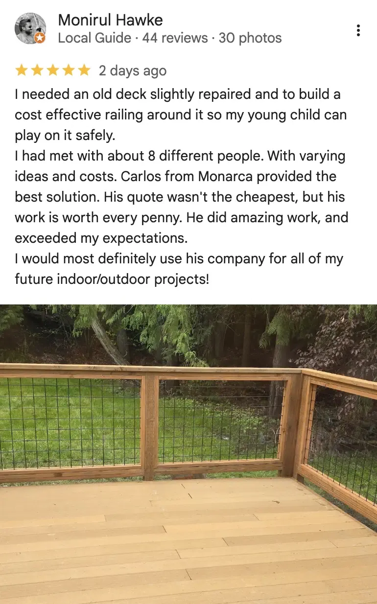 Monarca Construction & Remodeling 5-star Google review 12