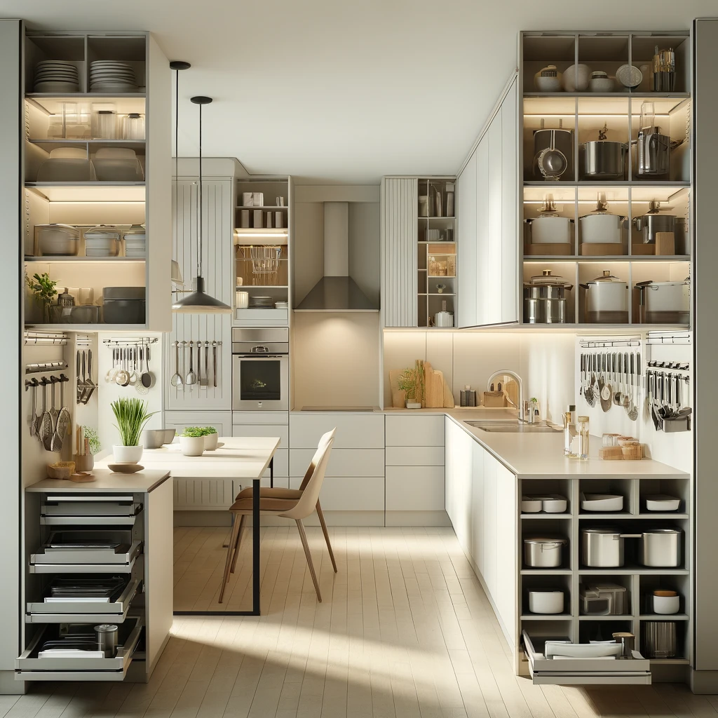 efficient storage in a modern kitchen. The design includes pull-out shelves, tall cabinets, hooks for hanging pots and pans, and a central island with built-in storage. This sleek and organized kitchen highlights the importance of maximizing storage in a stylish way.