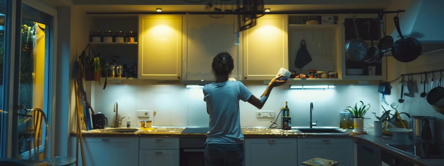 a person is painting the walls of a kitchen during a diy renovation project.