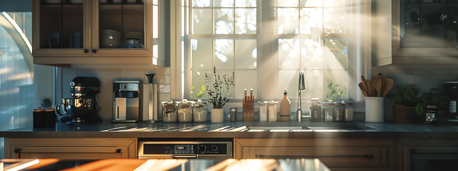 a kitchen with freshly painted cabinets shining in the sunlight.