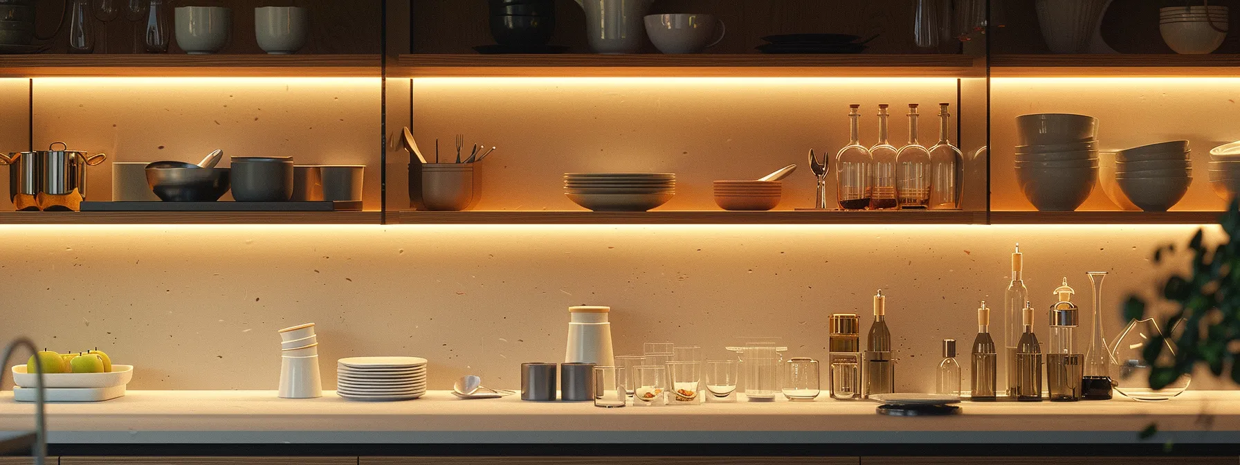 a sleek and modern kitchen with open shelves showcasing neatly arranged dishes and glassware.