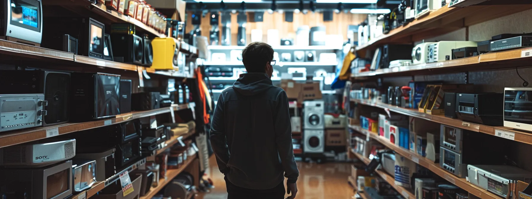 a person browsing through a variety of discounted appliances in a thrift store.