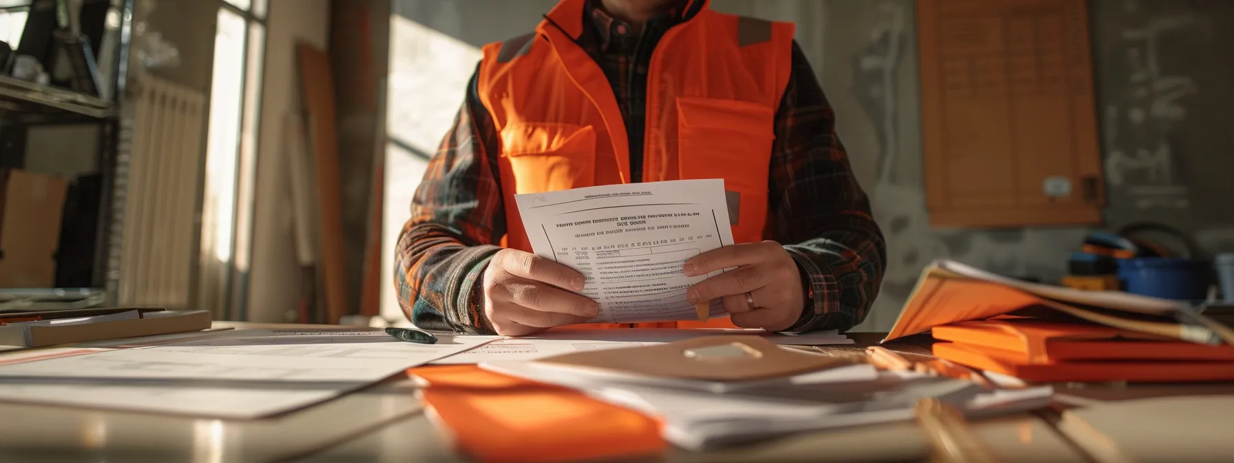 a contractor displaying their licensing and insurance certificates on a sleek office desk.