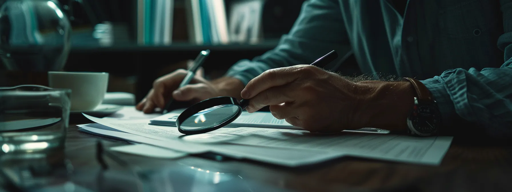 a person carefully reviewing a detailed contract at a modern desk with a magnifying glass, pen, and paper scattered around them in a well-lit room.