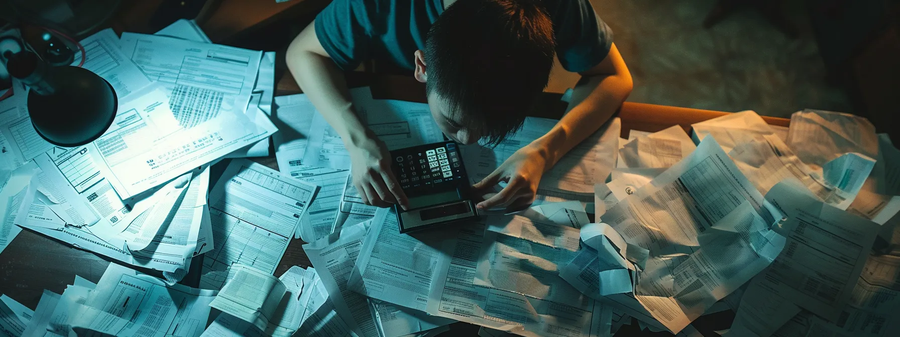 a person surrounded by multiple paper quotes and a calculator, carefully comparing the details and costs to choose the best bathroom contractor in bellingham, wa.